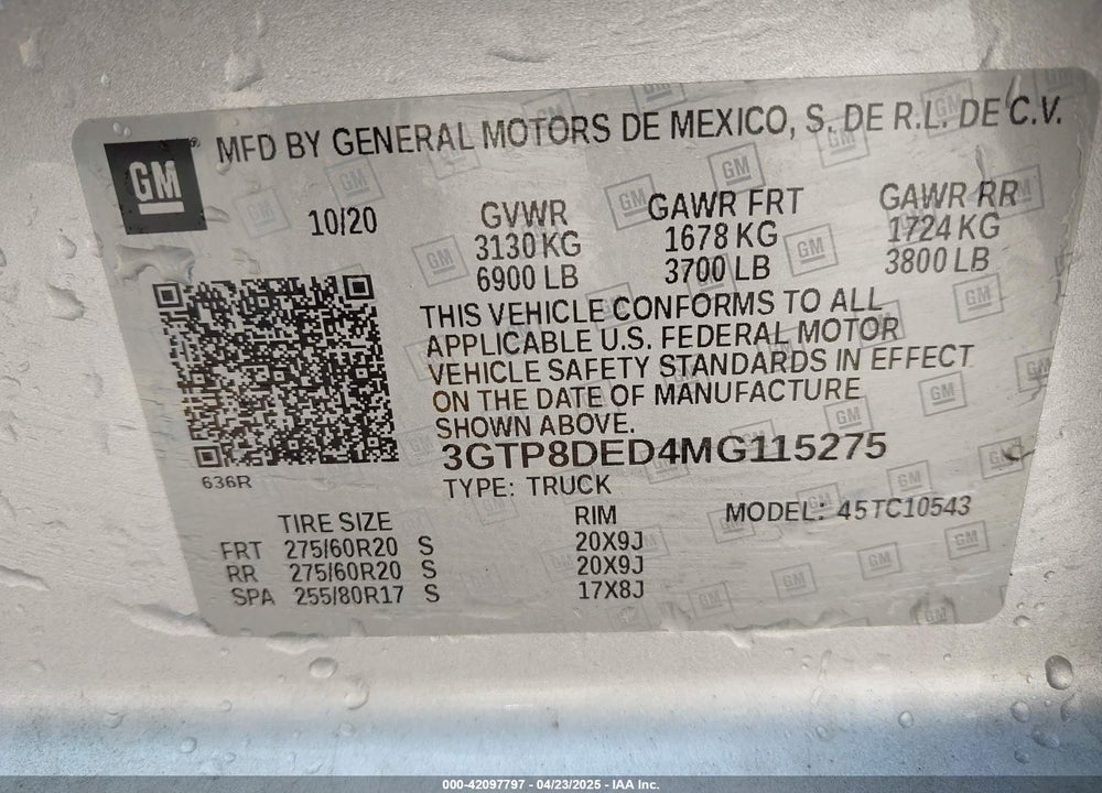2021 GMC SIERRA 1500 2WD SHORT BOX SLT VIN: 3GTP8DED4MG115275