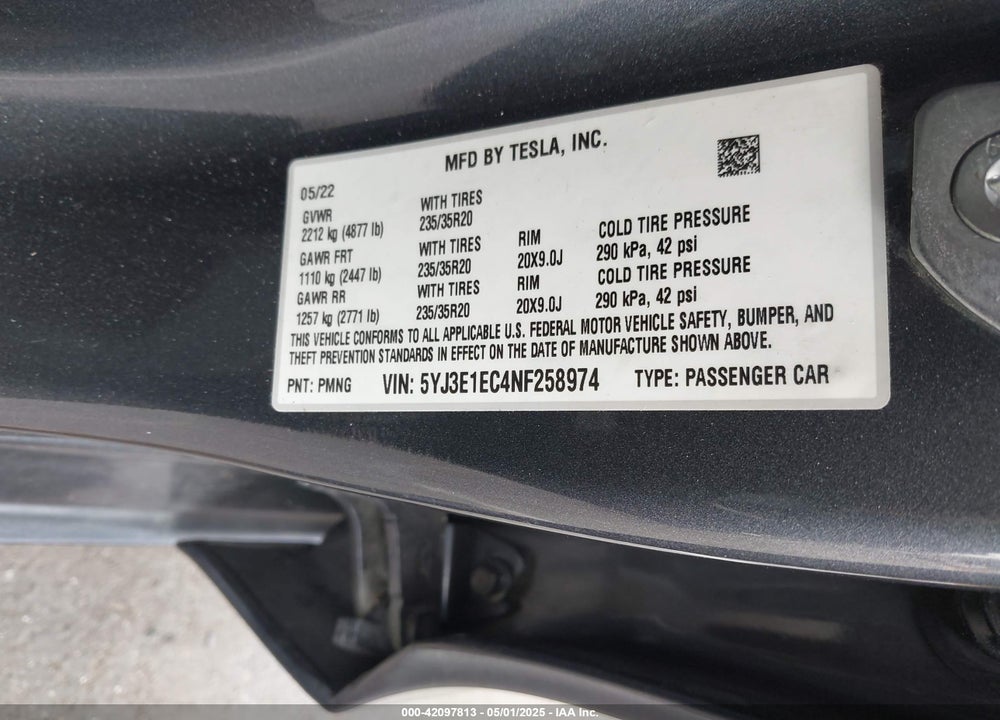 2022 TESLA MODEL 3 VIN: 5YJ3E1EC4NF258974