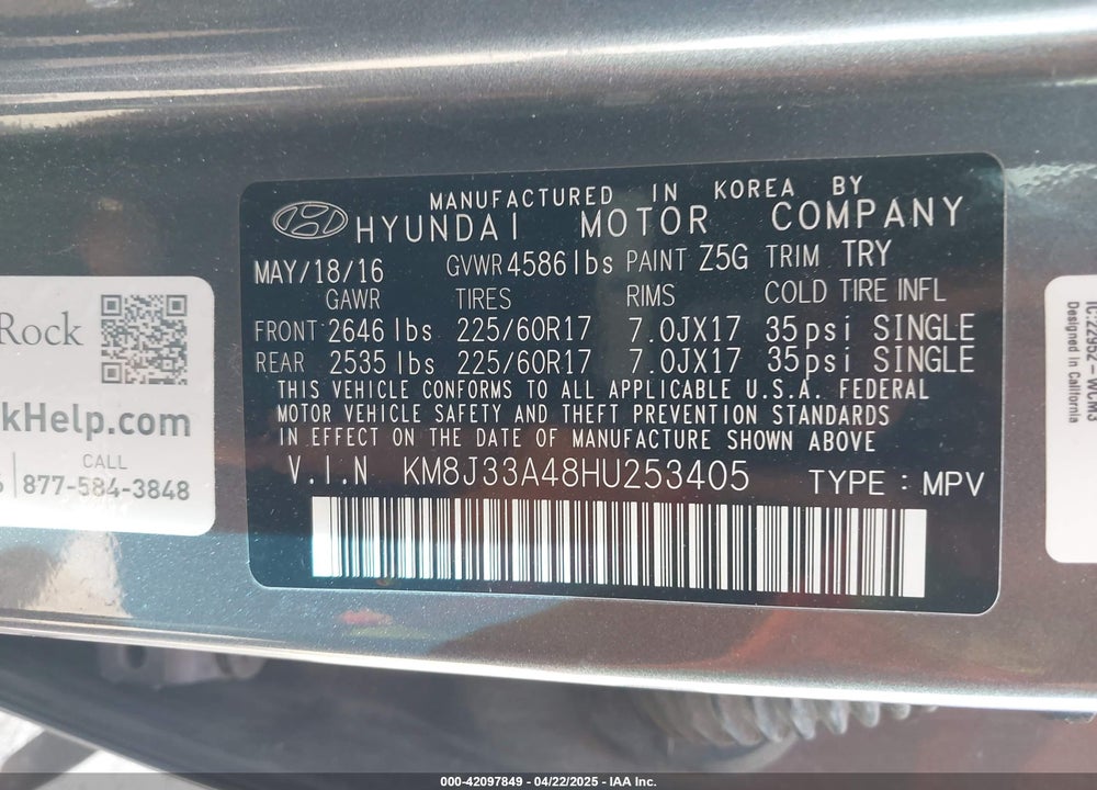 2017 HYUNDAI TUCSON SE VIN: KM8J33A48HU253405