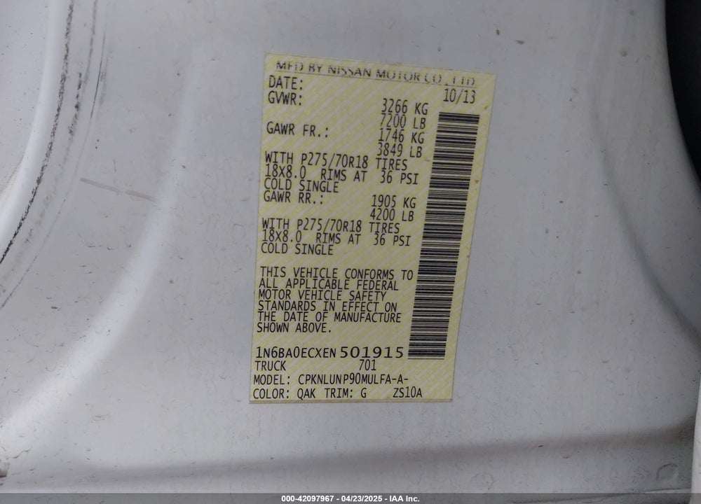 2014 NISSAN TITAN VIN: 1N6BA0ECXEN501915