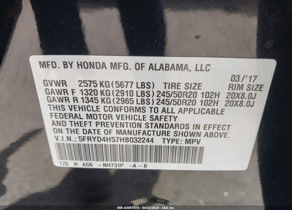 2017 ACURA MDX VIN: 5FRYD4H57HB032244