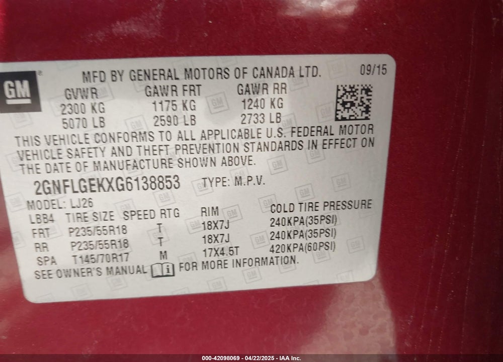 2016 CHEVROLET EQUINOX VIN: 2GNFLGEKXG6138853