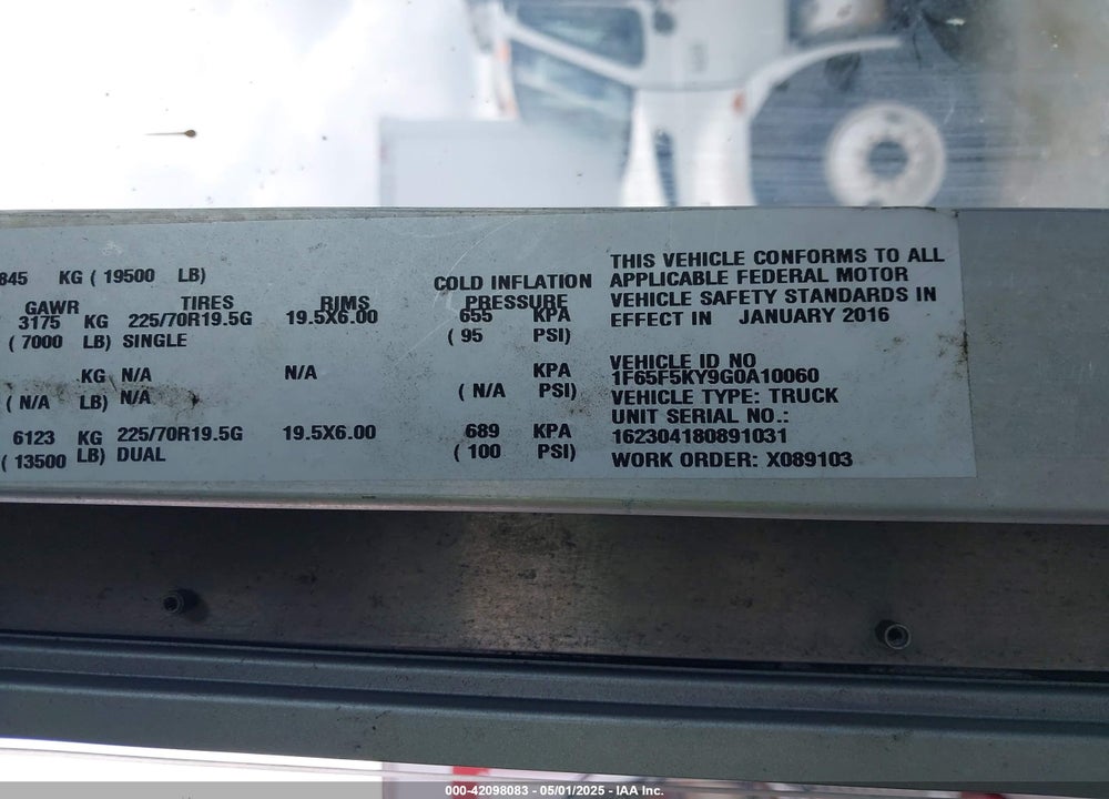 2016 FORD F-59 COMMERCIAL STRIPPED VIN: 1F65F5KY9G0A10060