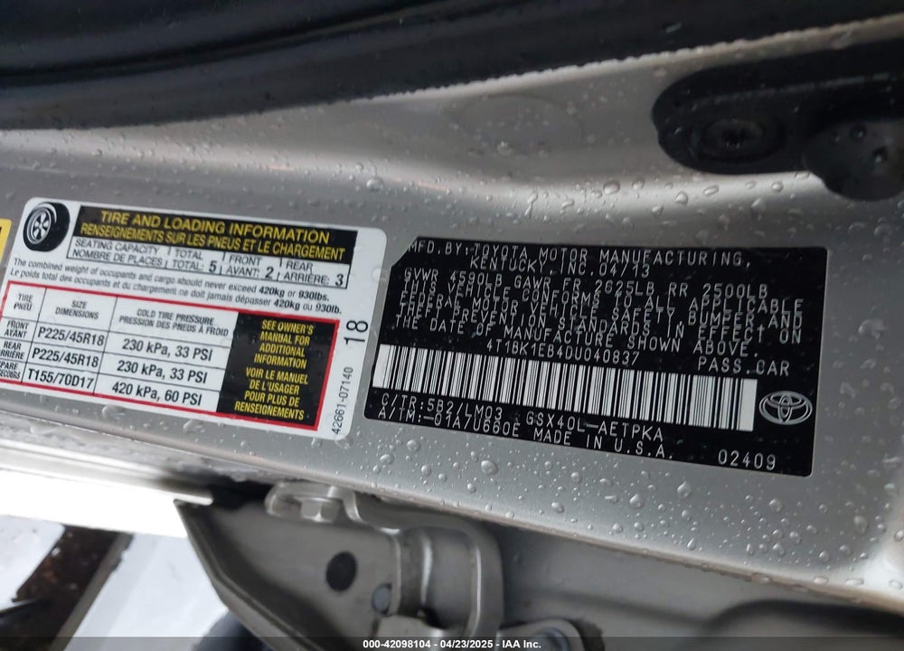 2013 TOYOTA AVALON VIN: 4T1BK1EB4DU040837