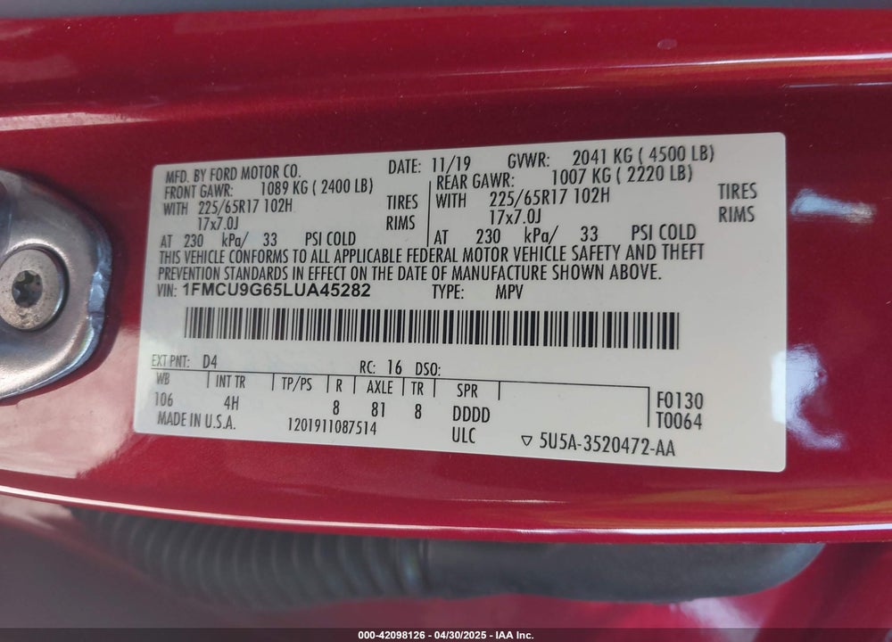 2020 FORD ESCAPE SE VIN: 1FMCU9G65LUA45282