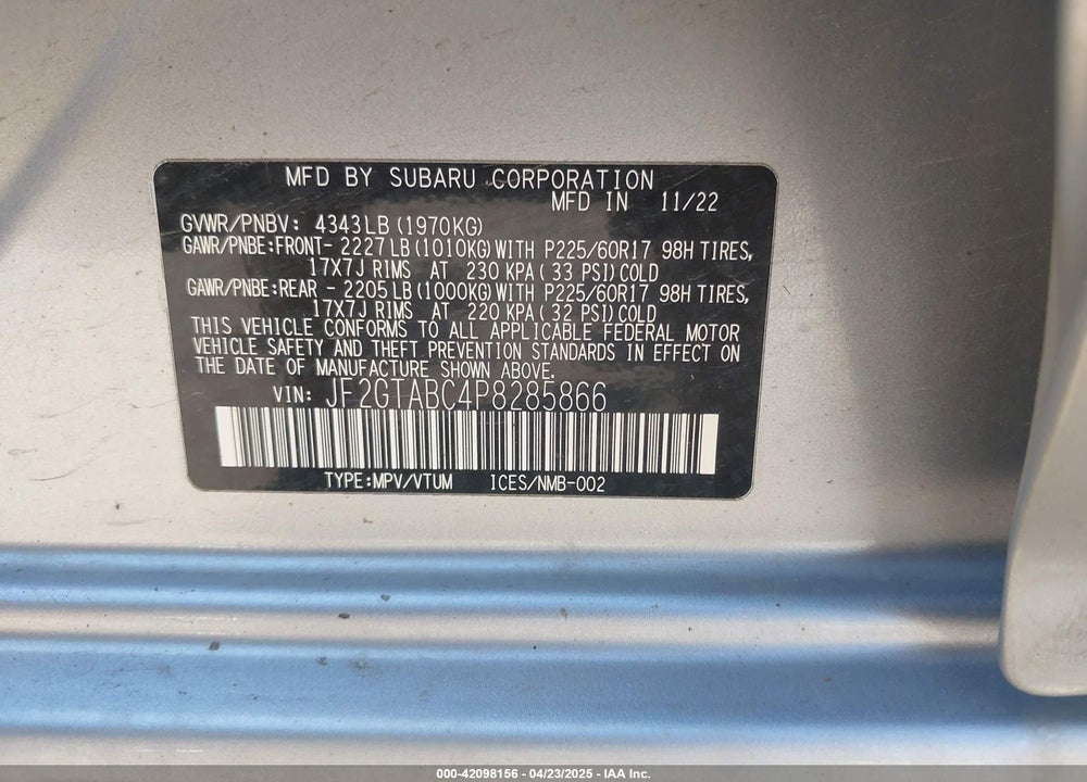 2023 SUBARU CROSSTREK VIN: JF2GTABC4P8285866