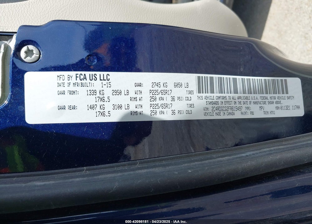 2015 DODGE GRAND CARAVAN SXT VIN: 2C4RDGCG2FR615497