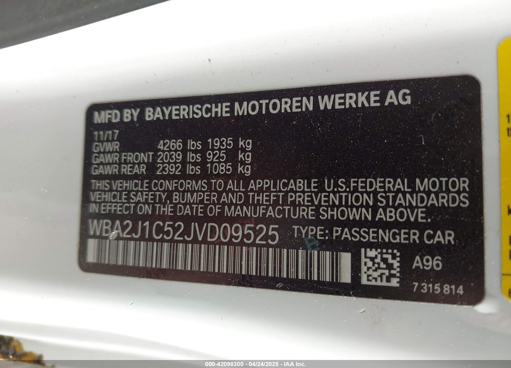 2018 BMW 2 SERIES VIN: WBA2J1C52JVD09525