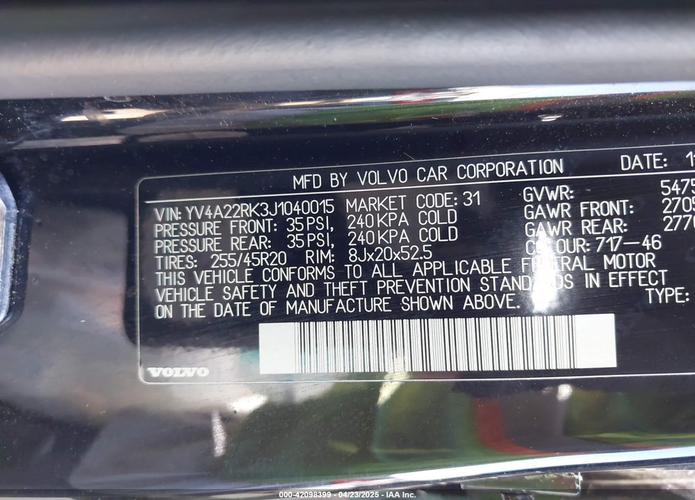 2018 VOLVO XC60 VIN: YV4A22RK3J1040015