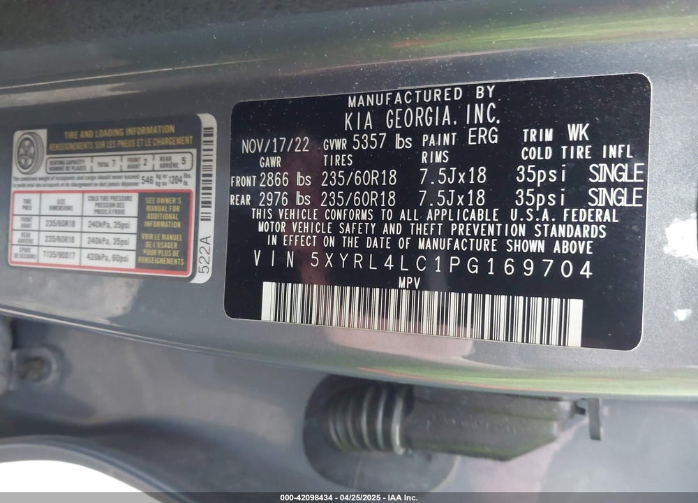 2023 KIA SORENTO VIN: 5XYRL4LC1PG169704