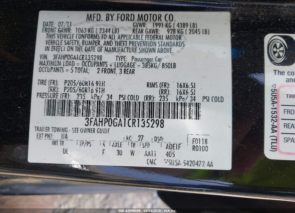 2012 FORD FUSION VIN: 3FAHP0GA1CR135298
