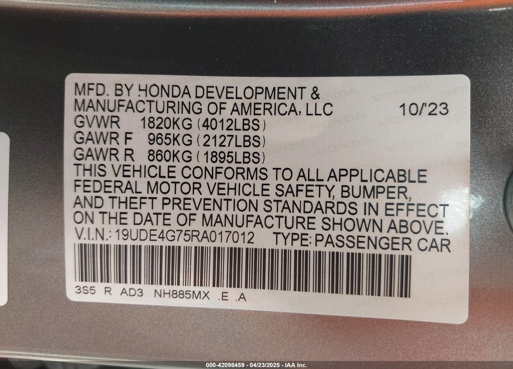 2024 ACURA INTEGRA VIN: 19UDE4G75RA017012