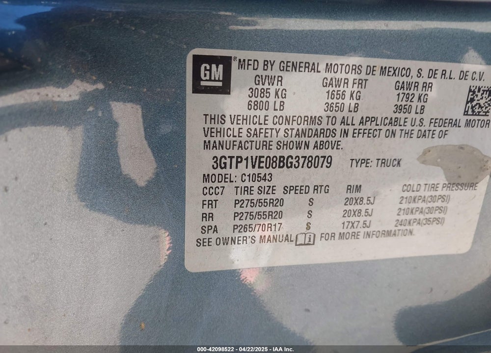 2011 GMC SIERRA 1500 SLE VIN: 3GTP1VE08BG378079