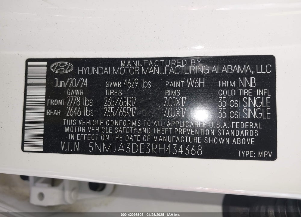 2024 HYUNDAI TUCSON VIN: 5NMJA3DE3RH434368