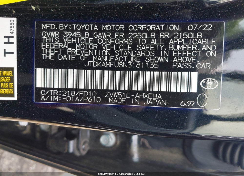 2022 TOYO PRIUS LE VIN: JTDKAMFU8N3181135