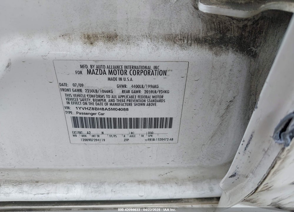 2010 MAZDA MAZDA6 VIN: 1YVHZ8BH8A5M04088
