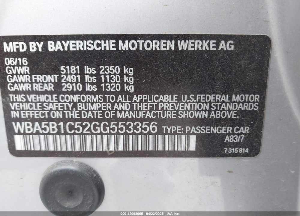 2016 BMW 535I VIN: WBA5B1C52GG553356