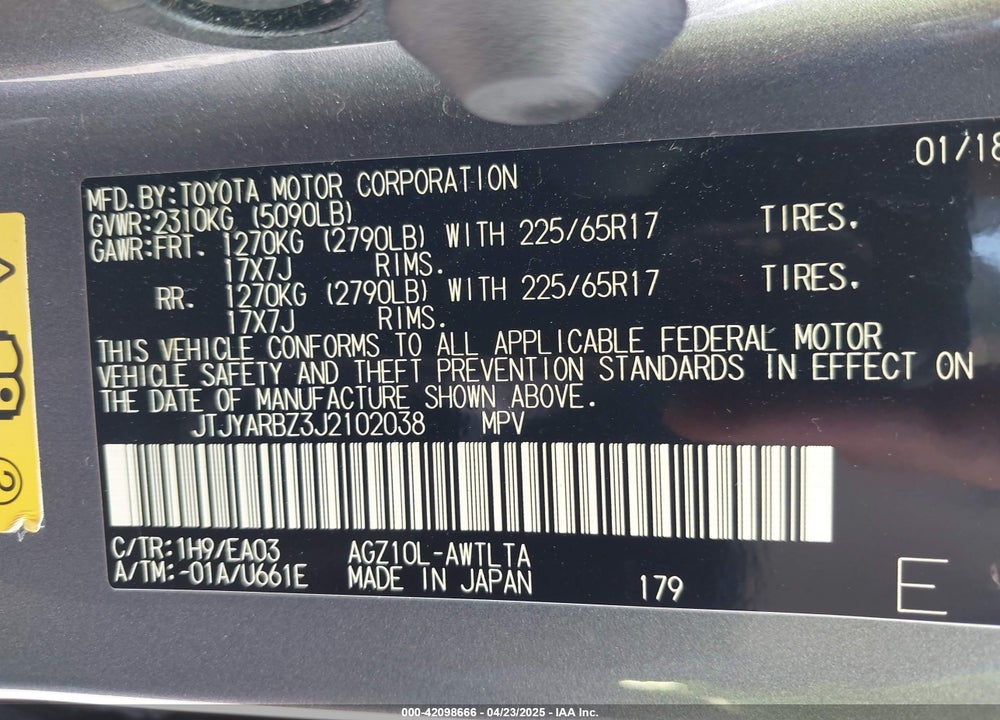 2018 LEXUS NX 300 VIN: JTJYARBZ3J2102038