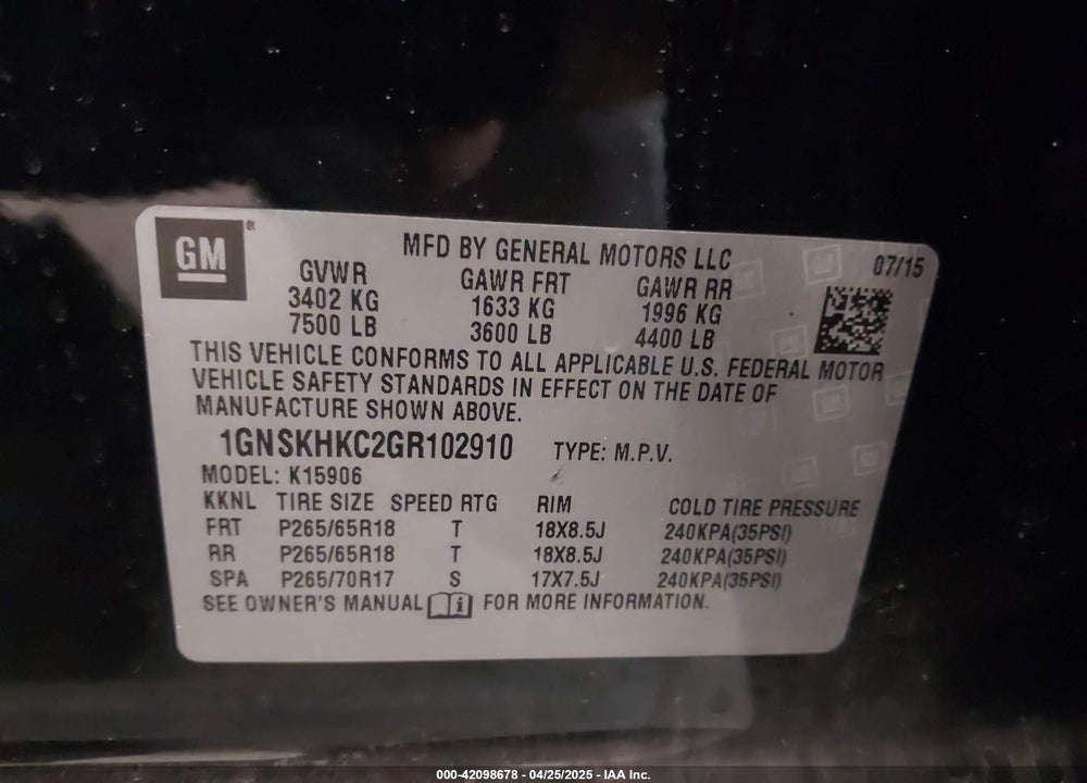 2016 CHEVROLET SUBURBAN VIN: 1GNSKHKC2GR102910