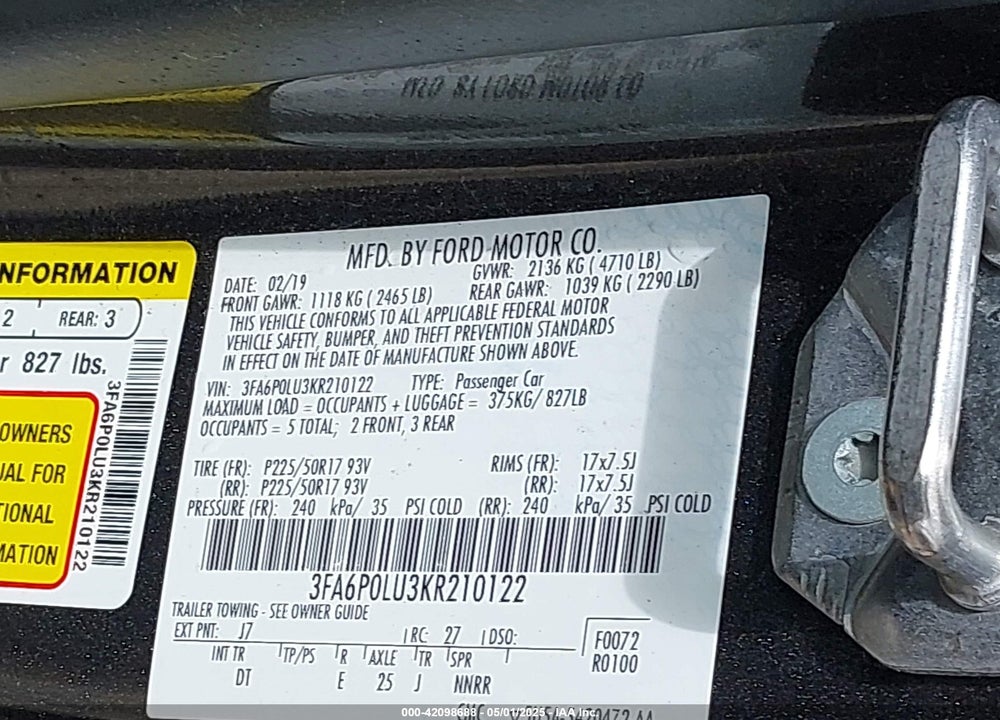 2019 FORD FUSION HYBRID VIN: 3FA6P0LU3KR210122