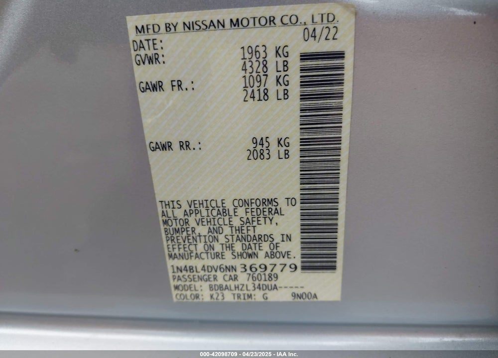 2022 NISSAN ALTIMA SV FWD VIN: 1N4BL4DV6NN369779