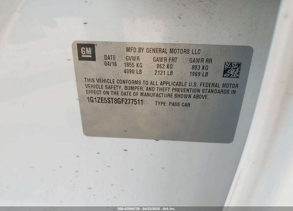 2016 CHEVROLET MALIBU 1LT VIN: 1G1ZE5ST8GF277511