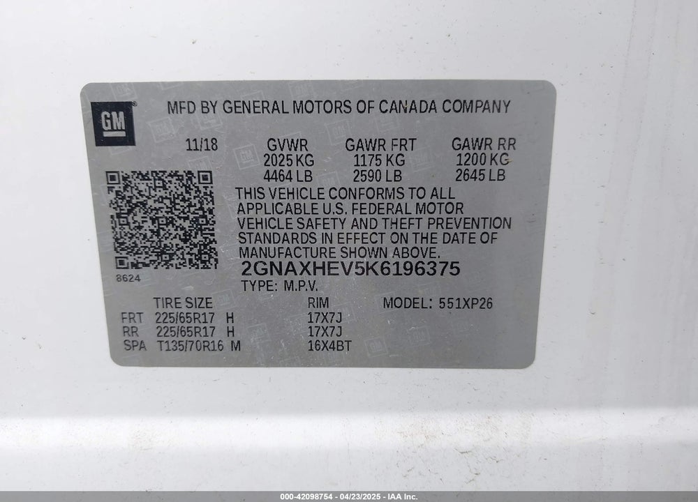 2019 CHEVROLET EQUINOX LS VIN: 2GNAXHEV5K6196375