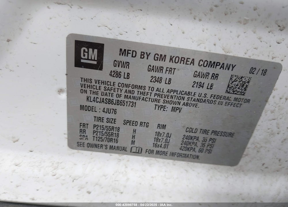2018 BUICK ENCORE PREFERRED VIN: KL4CJASB6JB651731
