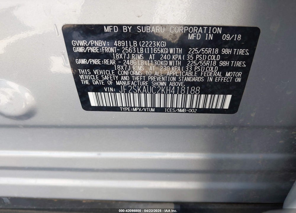 2019 SUBARU FORESTER VIN: JF2SKAUC2KH418188