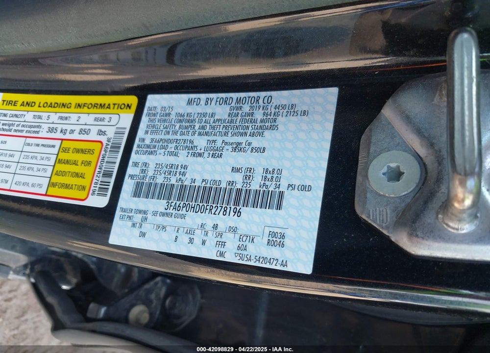 2015 FORD FUSION VIN: 3FA6P0HD0FR278196