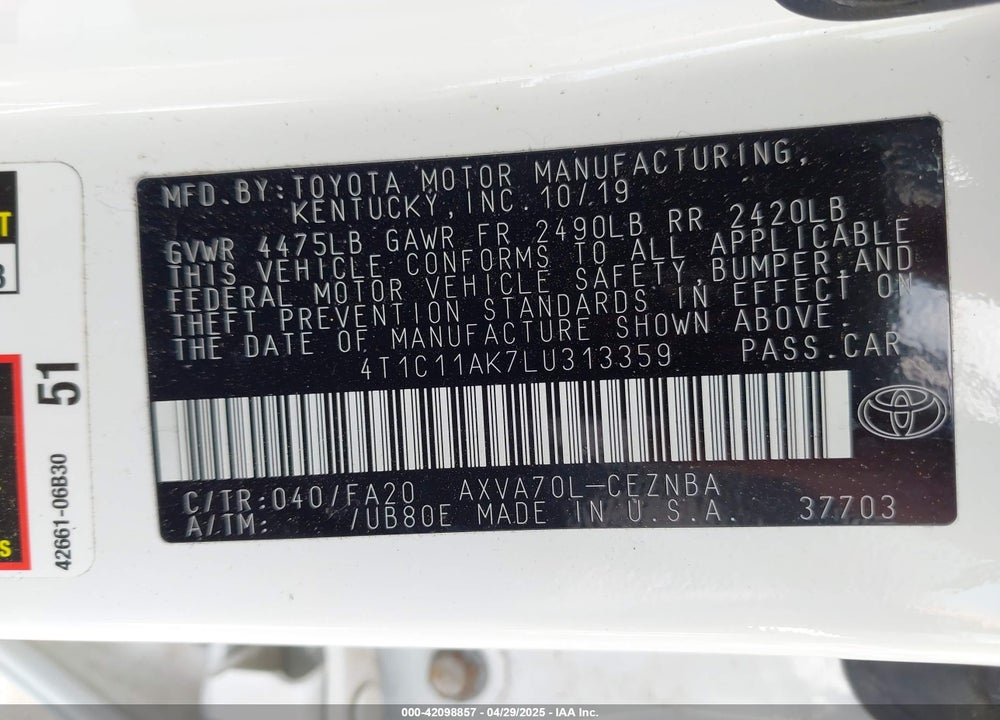2020 TOYOTA CAMRY LE VIN: 4T1C11AK7LU313359