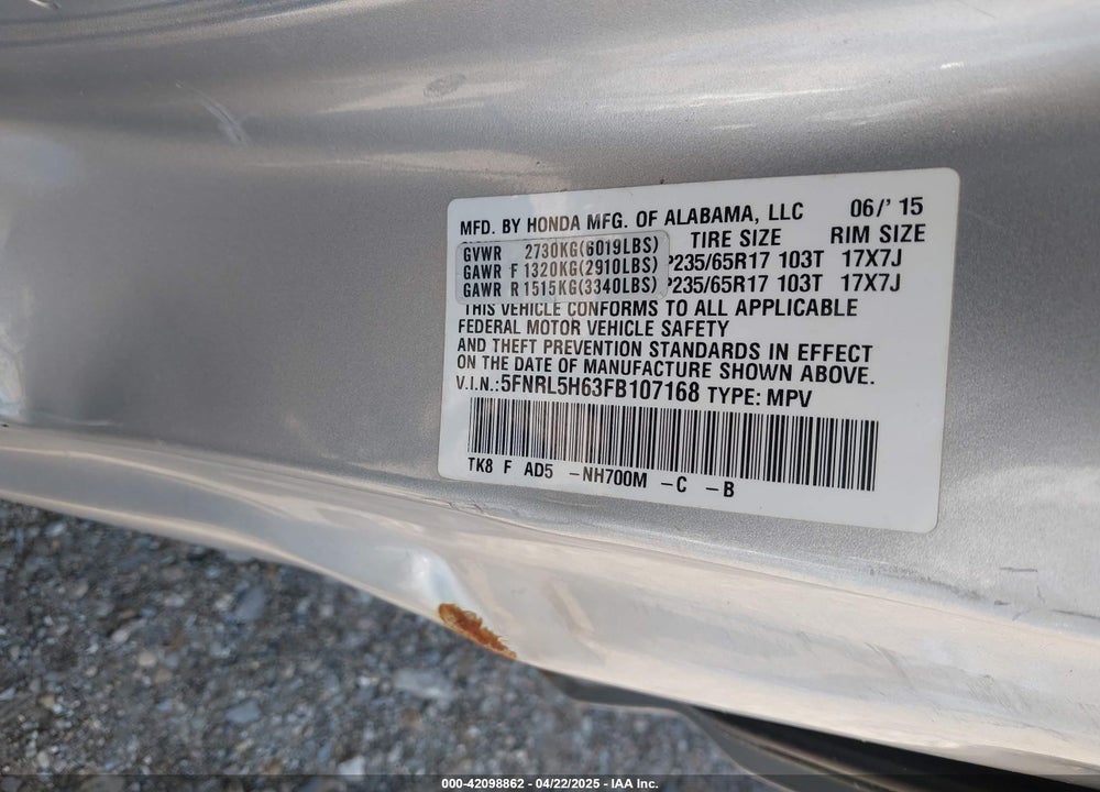 2015 HONDA ODYSSEY EX-L VIN: 5FNRL5H63FB107168