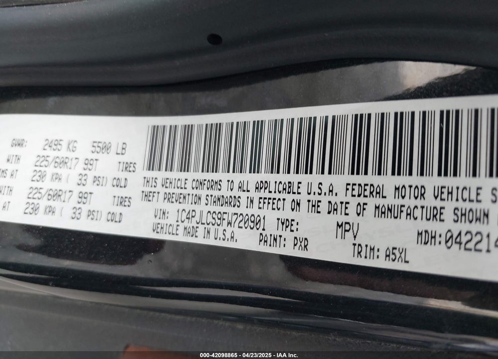 2015 JEEP CHEROKEE VIN: 1C4PJLCS9FW720901