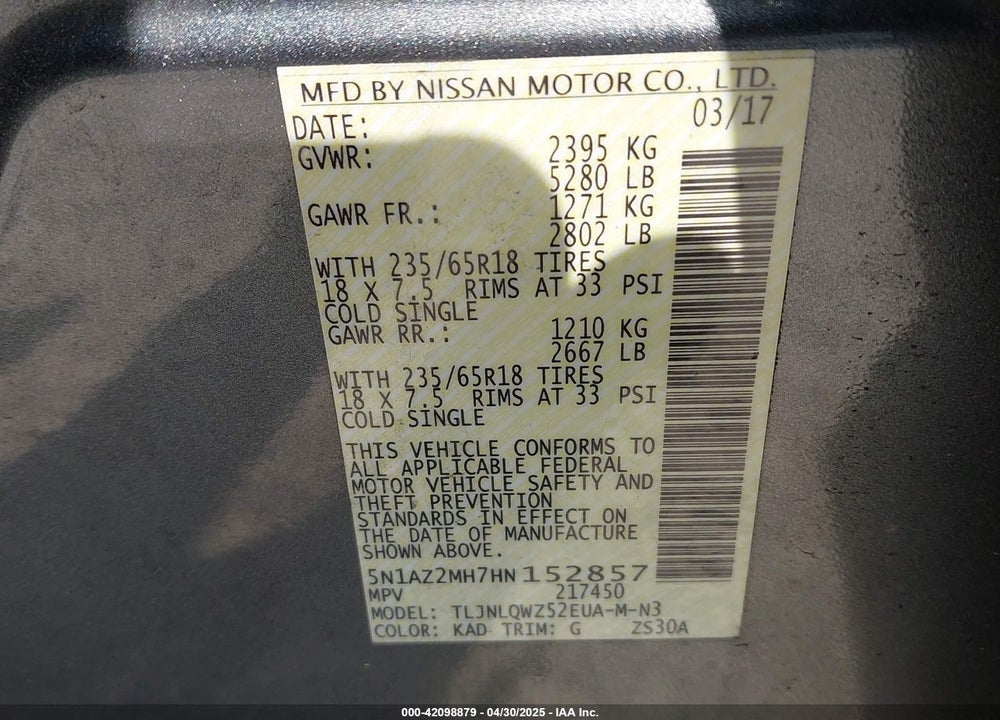 2017 NISSAN MURANO SV VIN: 5N1AZ2MH7HN152857