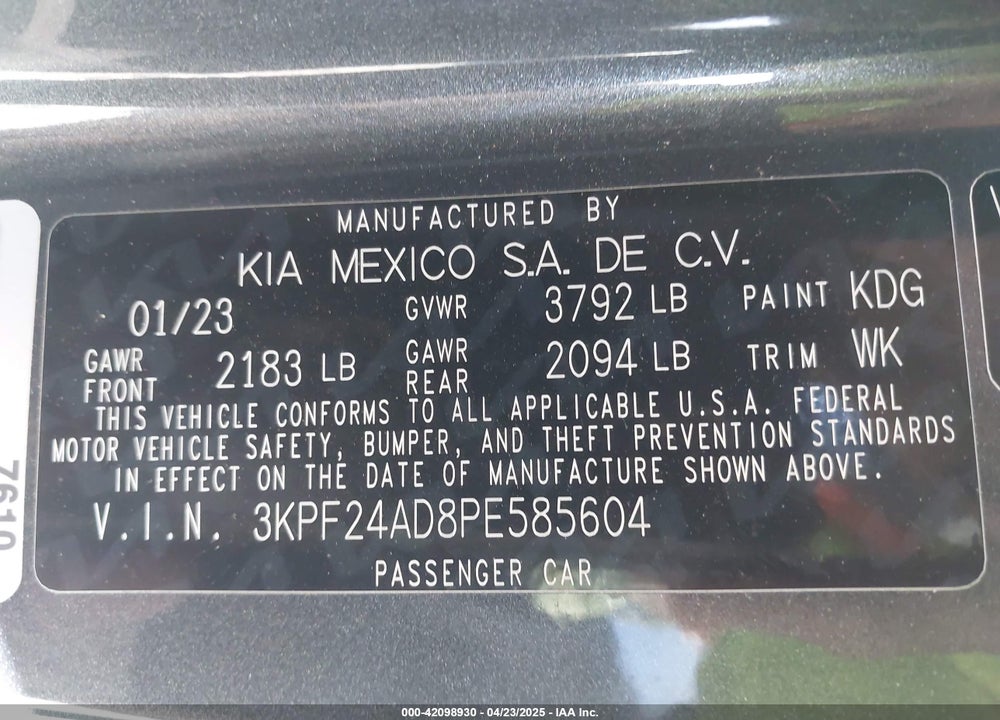 2023 KIA FORTE LXS VIN: 3KPF24AD8PE585604