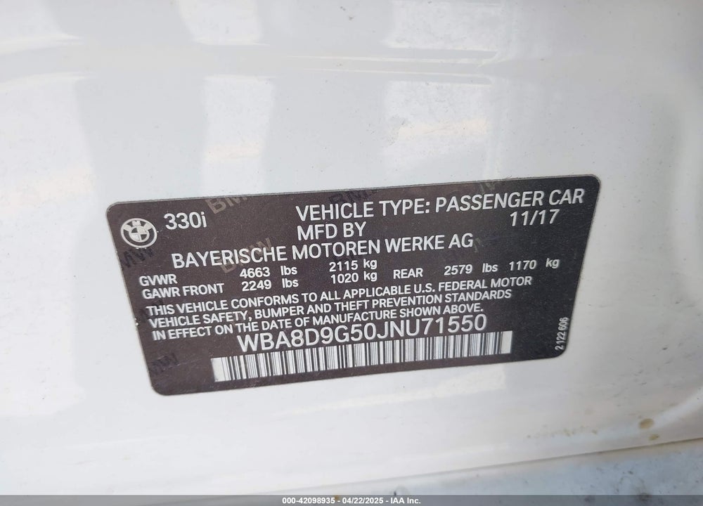 2018 BMW 330I XDRIVE VIN: WBA8D9G50JNU71550