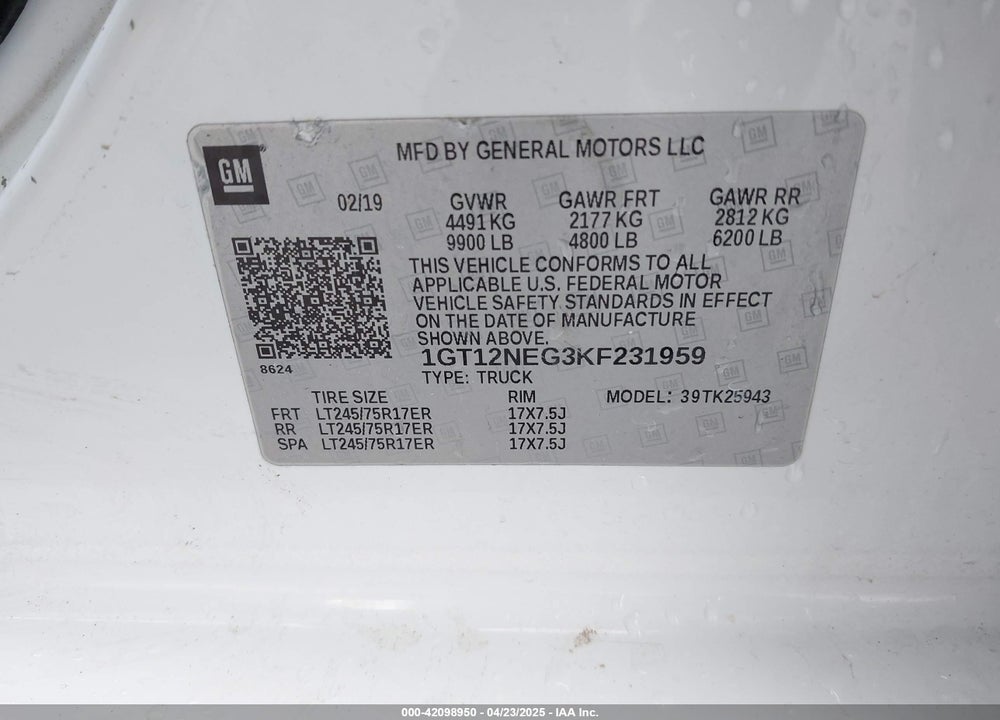 2019 GMC SIERRA 2500HD VIN: 1GT12NEG3KF231959