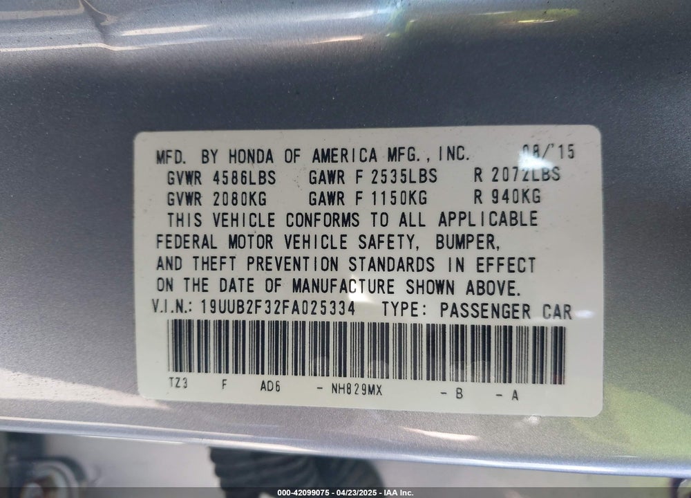 2015 ACURA TLX VIN: 19UUB2F32FA025334