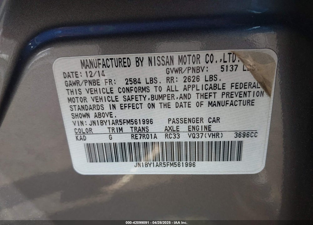 2015 INFINITI Q70 3.7X VIN: JN1BY1AR5FM561996