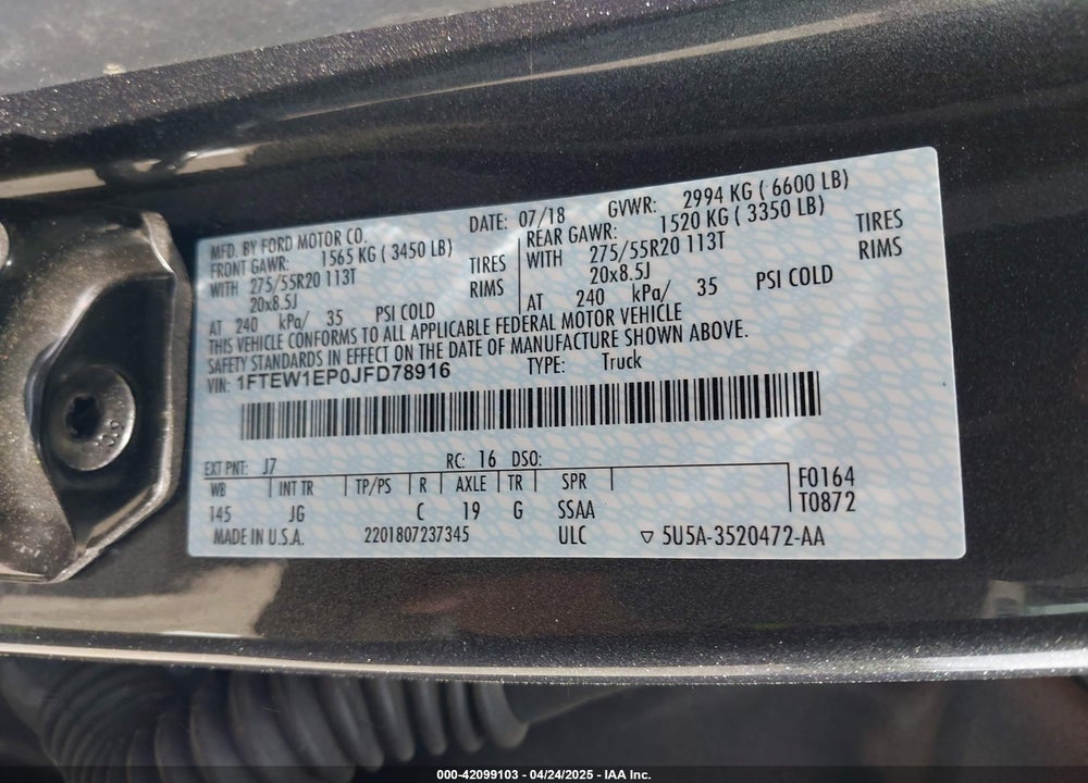 2018 FORD F-150 VIN: 1FTEW1EP0JFD78916