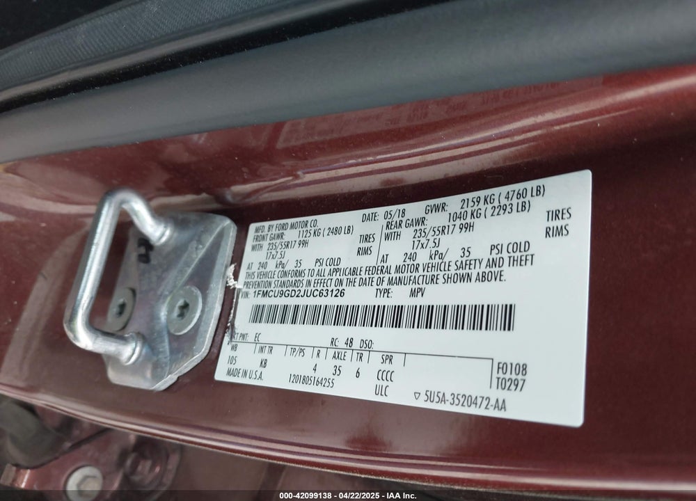2018 FORD ESCAPE VIN: 1FMCU9GD2JUC63126