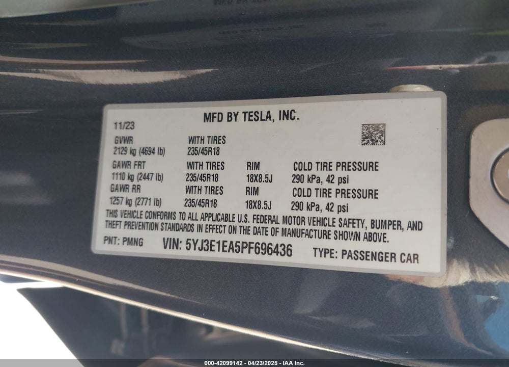 2023 TESLA MODEL 3 REAR-WHEEL DRIVE VIN: 5YJ3E1EA5PF696436