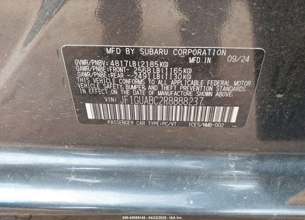 2024 SUBARU IMPREZA VIN: JF1GUABC2R8888237