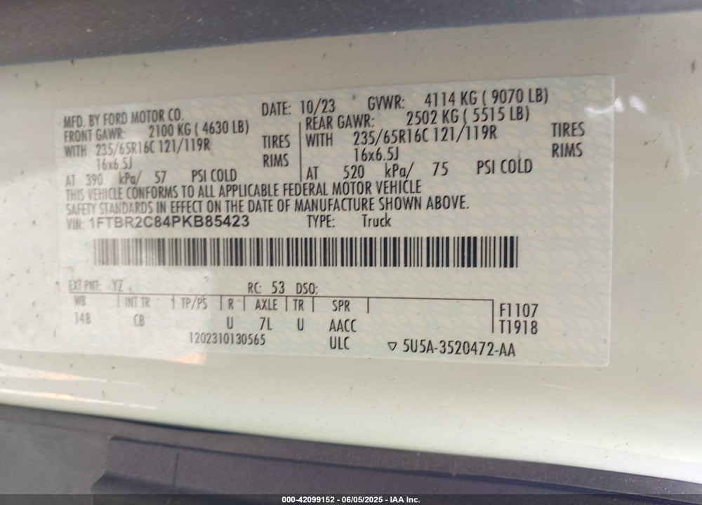 2023 FORD TRANSIT-250 VIN: 1FTBR2C84PKB85423