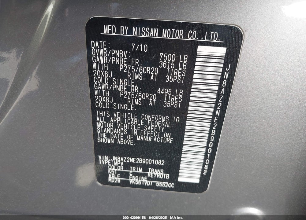 2011 INFINITI QX56 VIN: JN8AZ2NE2B9001082