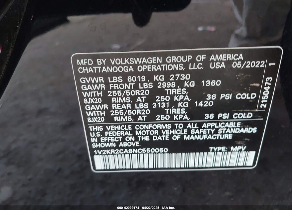 2022 VOLKSWAGEN ATLAS VIN: 1V2KR2CA8NC550050