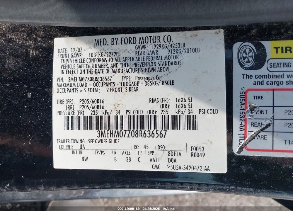 2008 MERCURY MILAN I4 VIN: 3MEHM07Z08R636567