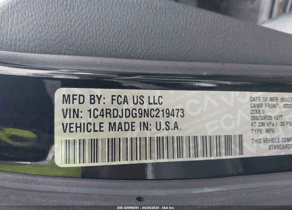 2022 DODGE DURANGO VIN: 1C4RDJDG9NC219473