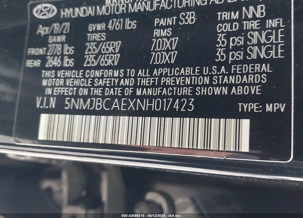 2022 HYUNDAI TUCSON VIN: 5NMJBCAEXNH017423