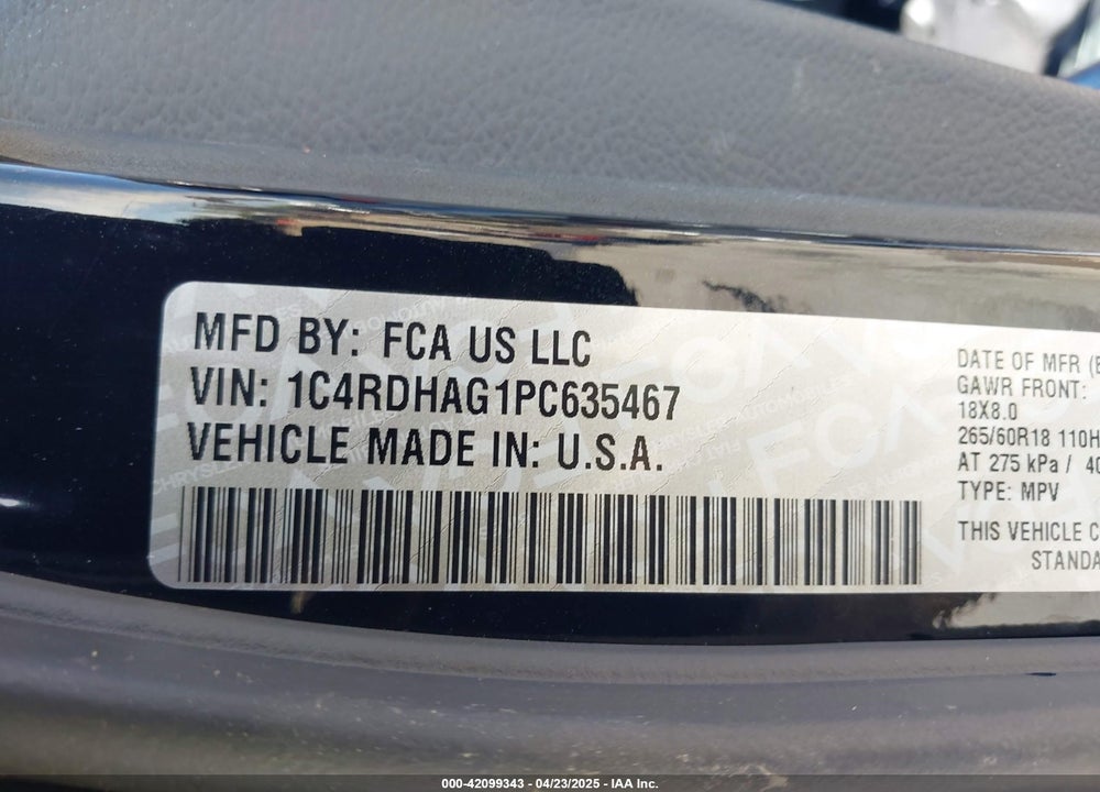 2023 DODGE DURANGO VIN: 1C4RDHAG1PC635467